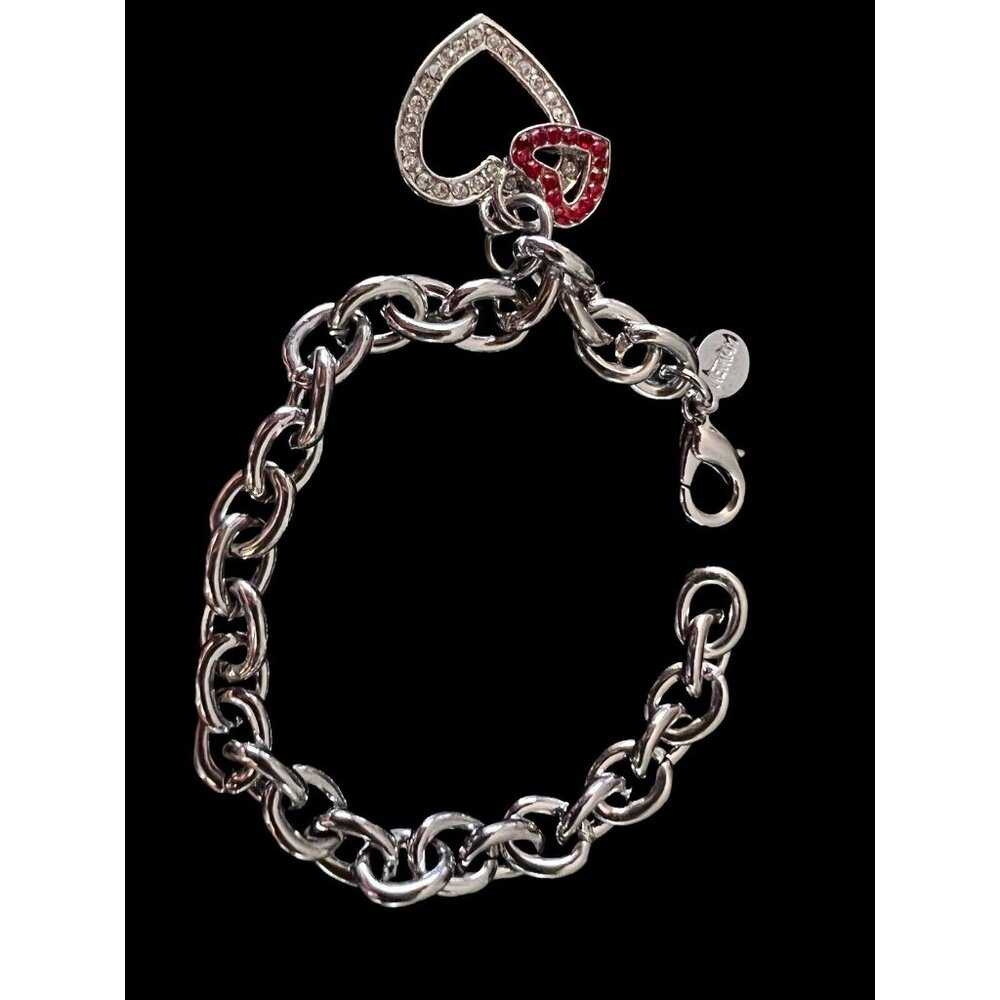 Vintage Vietnam Silver Chain Bracelet with Red & Silver Heart Dangles 7 in